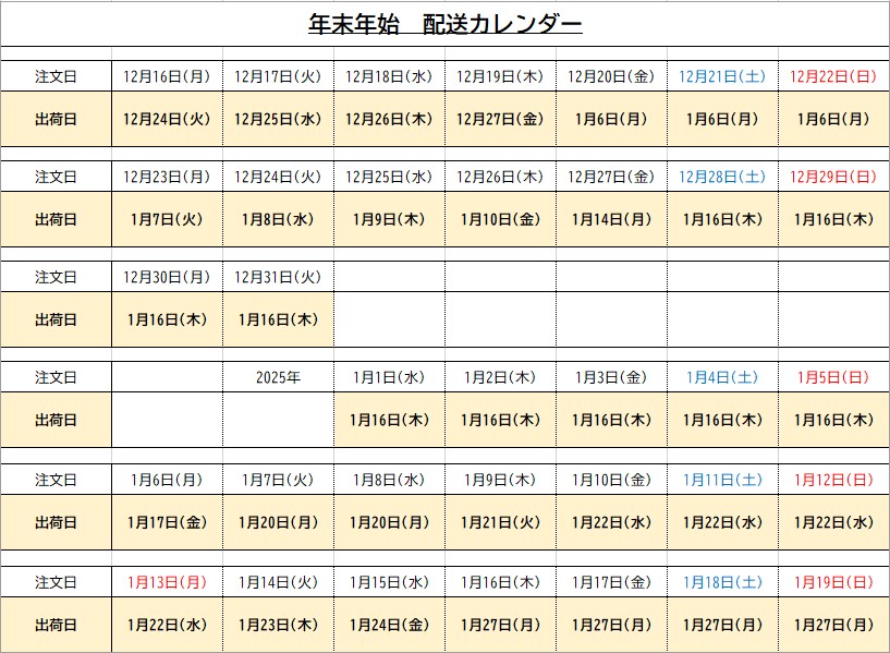 12月の発送カレンダー